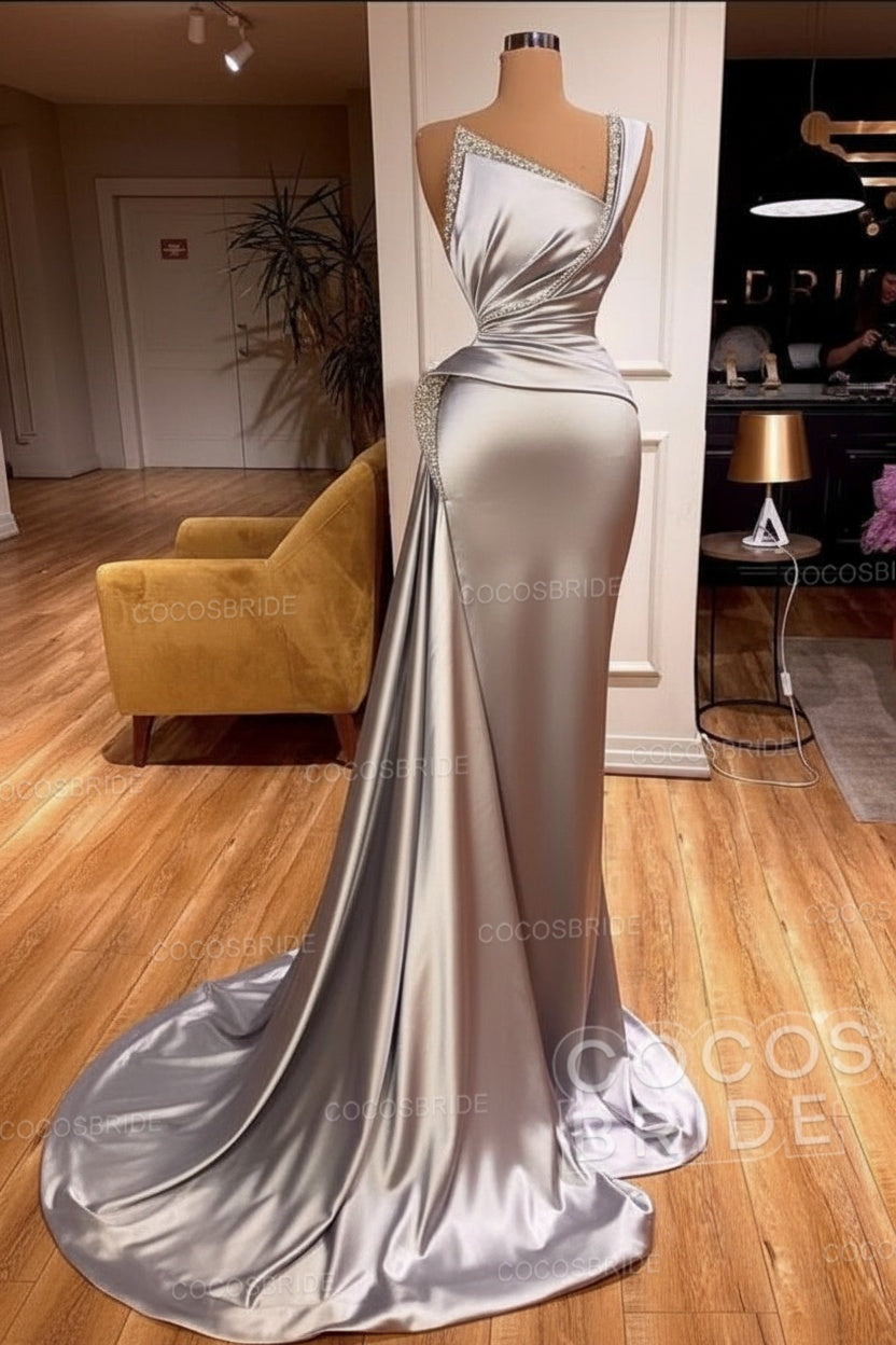 Elegant Long Mermaid One Shoulder Sleeveless Satin Prom Dress