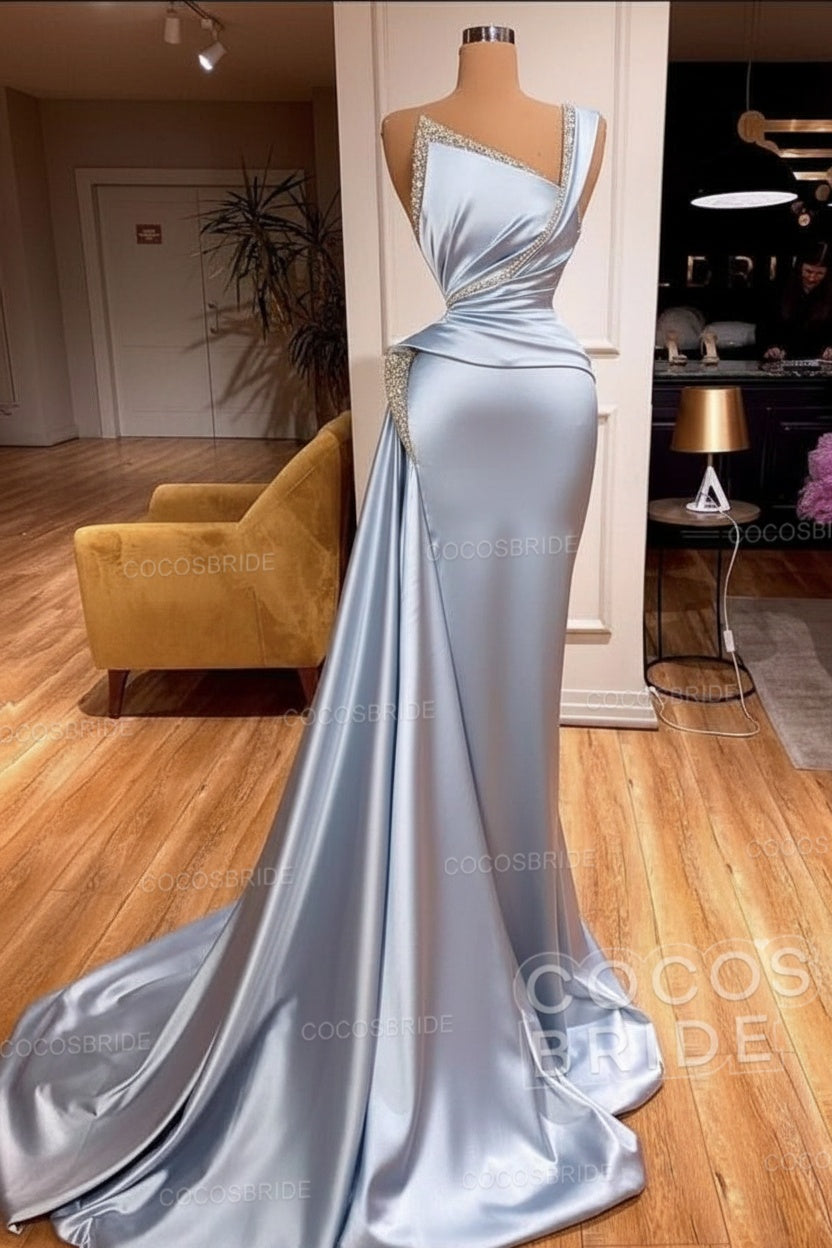 Elegant Long Mermaid One Shoulder Sleeveless Satin Prom Dress