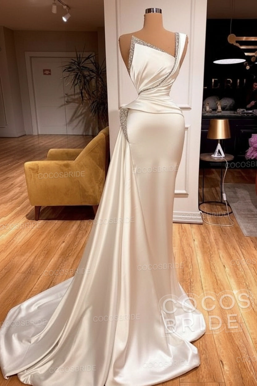 Elegant Long Mermaid One Shoulder Sleeveless Satin Prom Dress