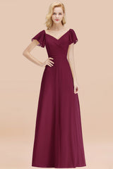 Elegant V Neck Short Sleeves Chiffon A-line Long Mulberry Bridesmaid Dress