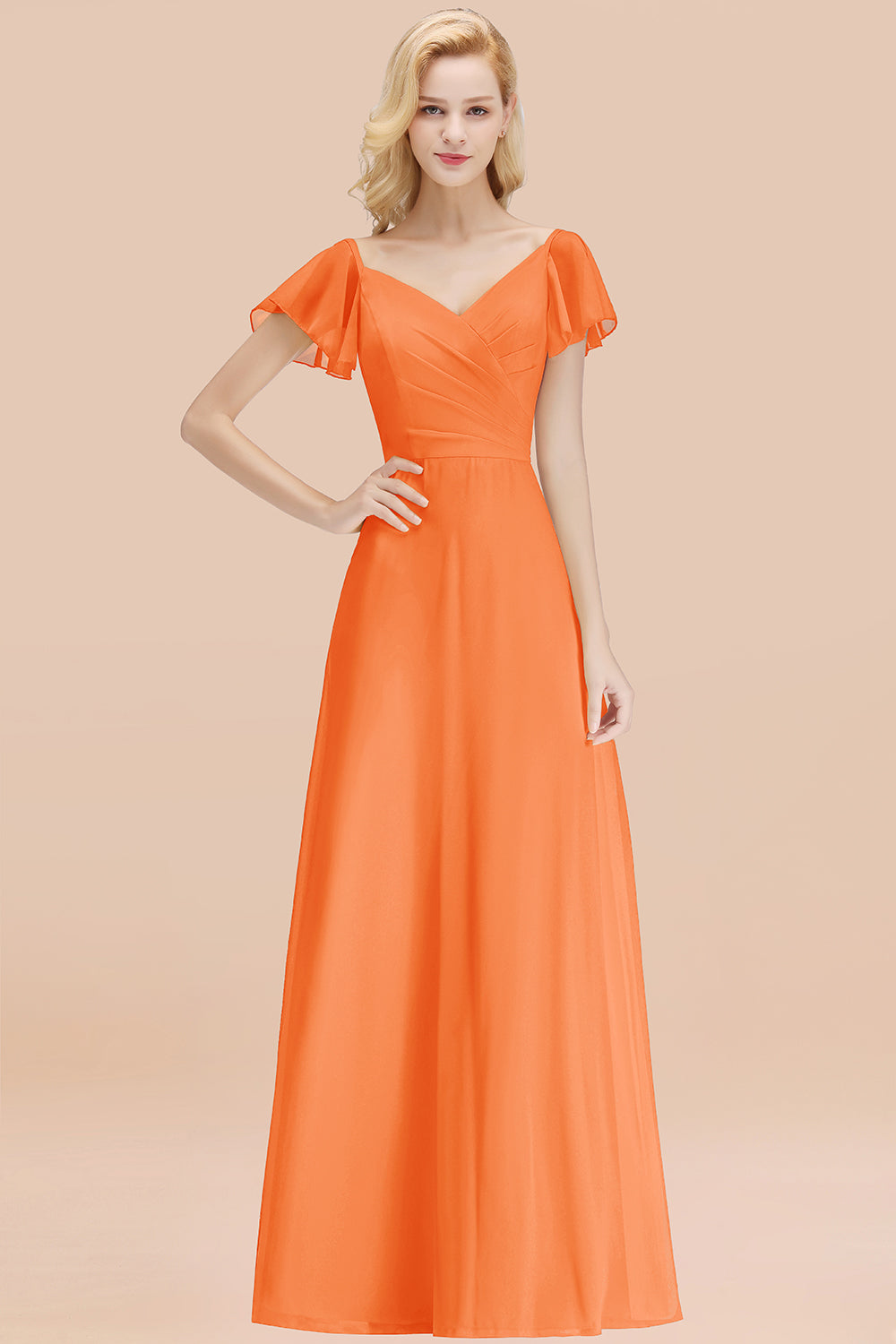 Elegant V Neck Short Sleeves Chiffon A-line Long Chocolate Bridesmaid Dress