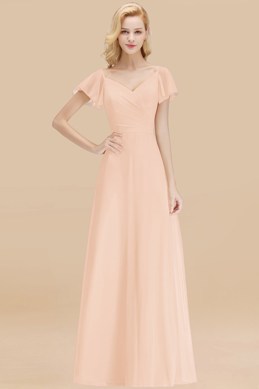 Elegant V Neck Short Sleeves Chiffon A-line Long Chocolate Bridesmaid Dress