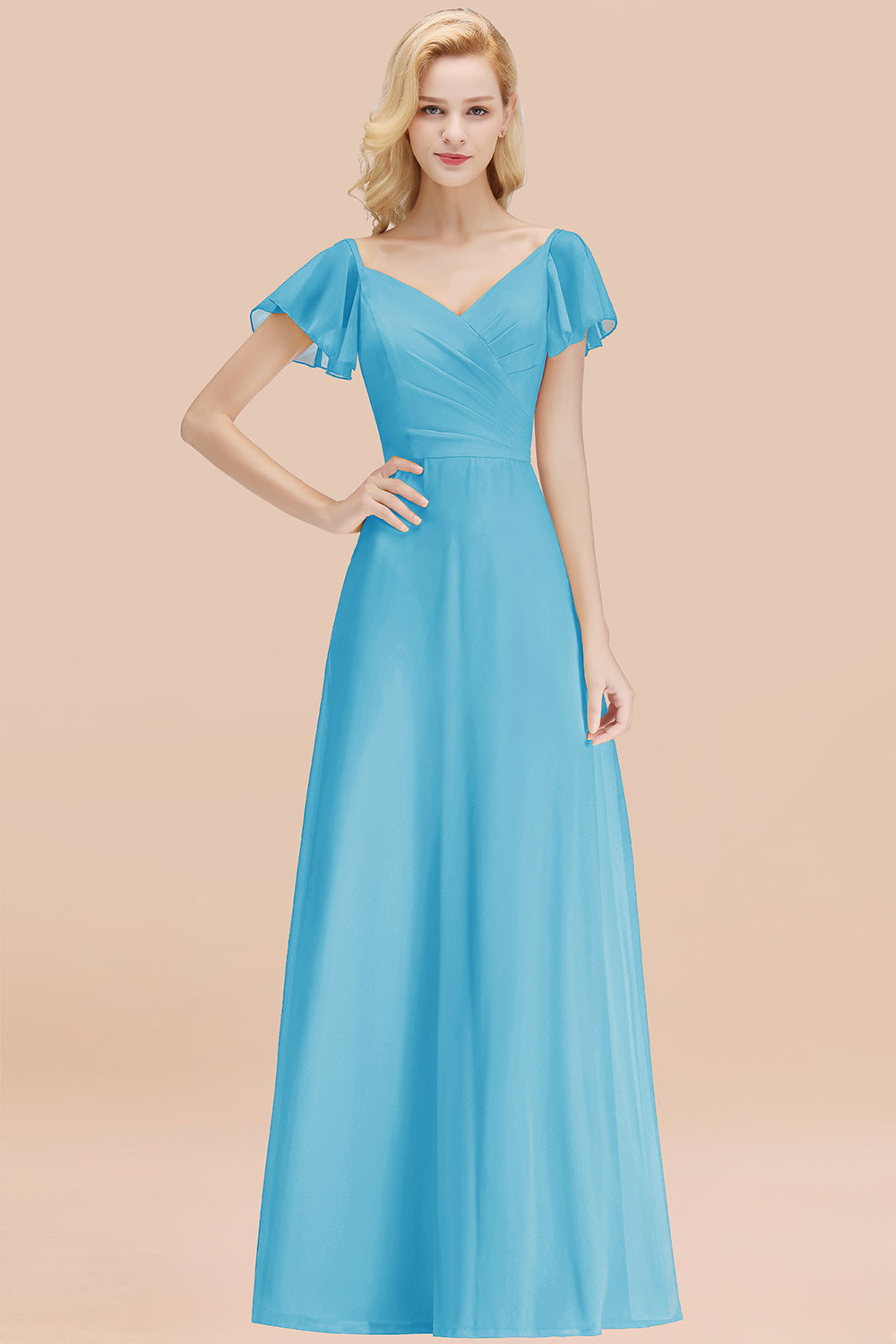 Elegant V Neck Short Sleeves Chiffon A-line Long Chocolate Bridesmaid Dress