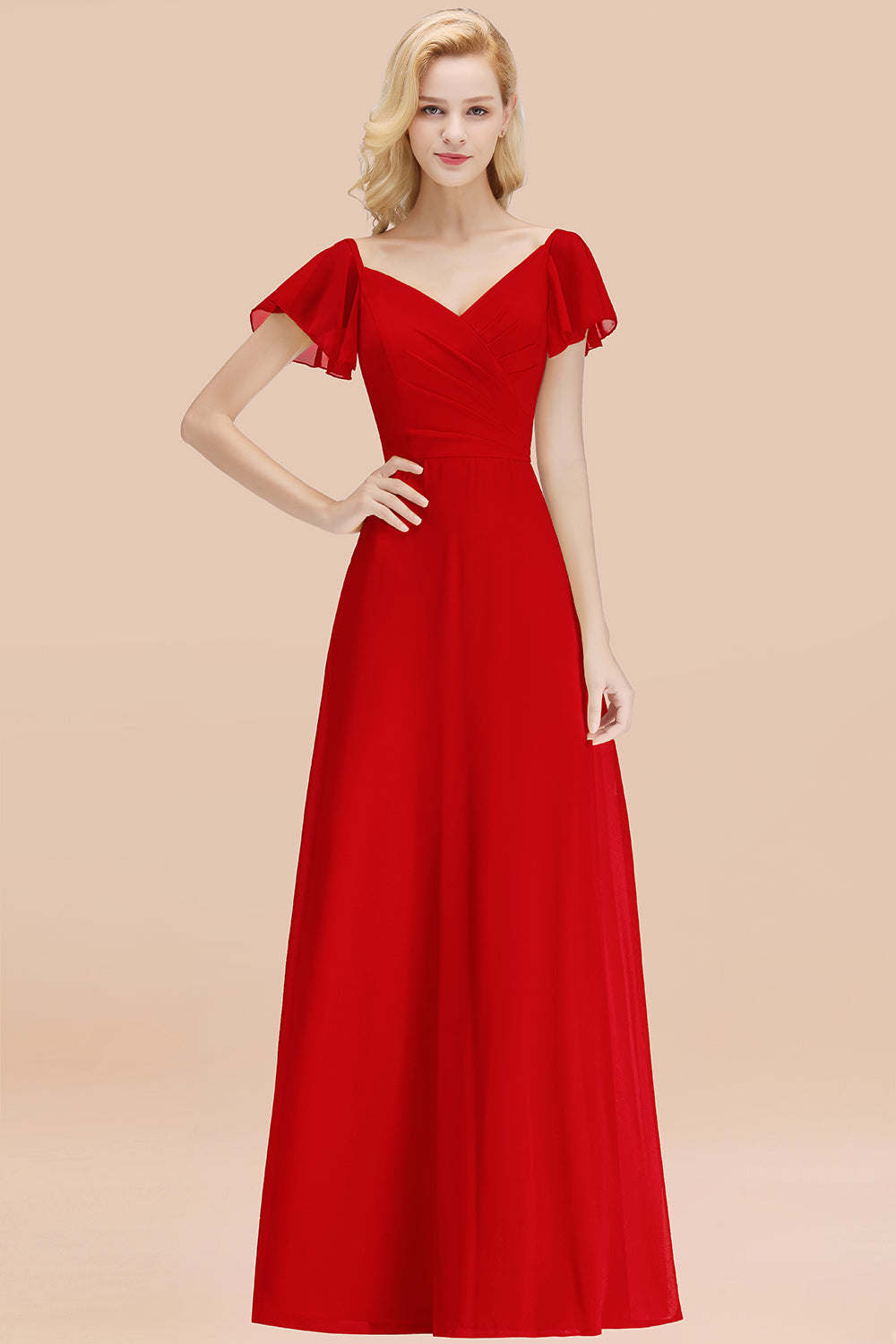 Elegant V Neck Short Sleeves Chiffon A-line Long Chocolate Bridesmaid Dress