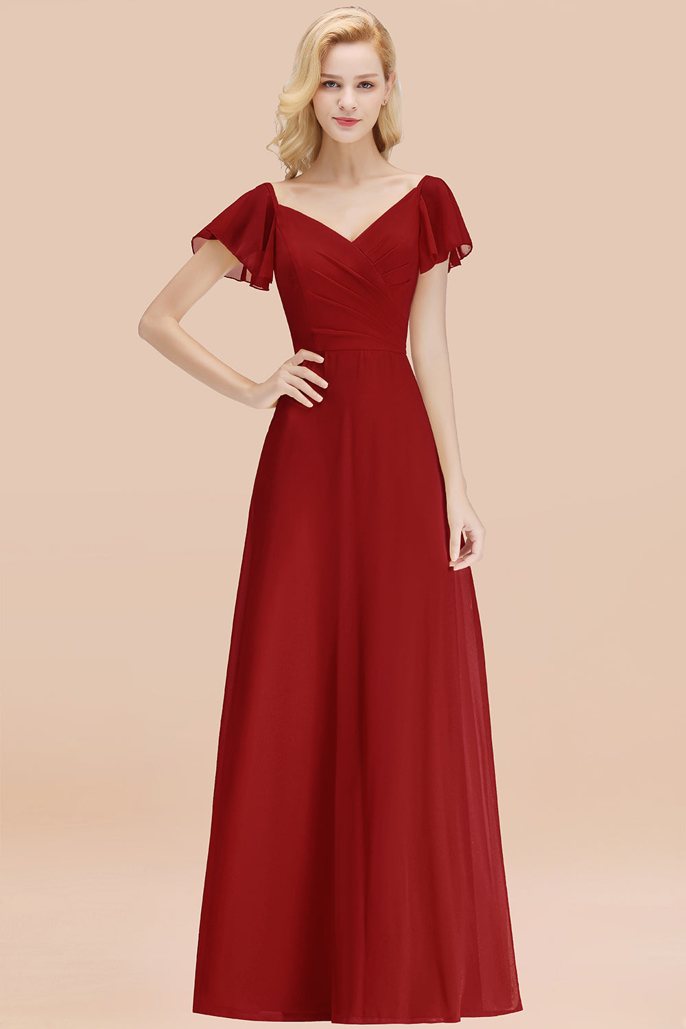 Elegant V Neck Short Sleeves Chiffon A-line Long Chocolate Bridesmaid Dress