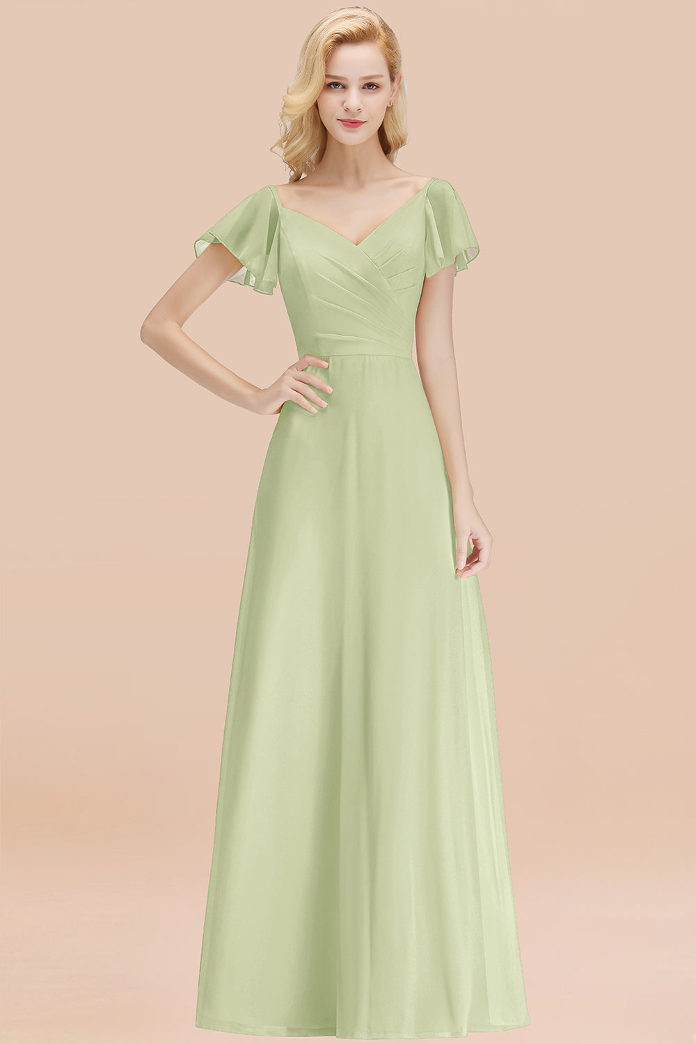 Elegant V Neck Short Sleeves Chiffon A-line Long Chocolate Bridesmaid Dress
