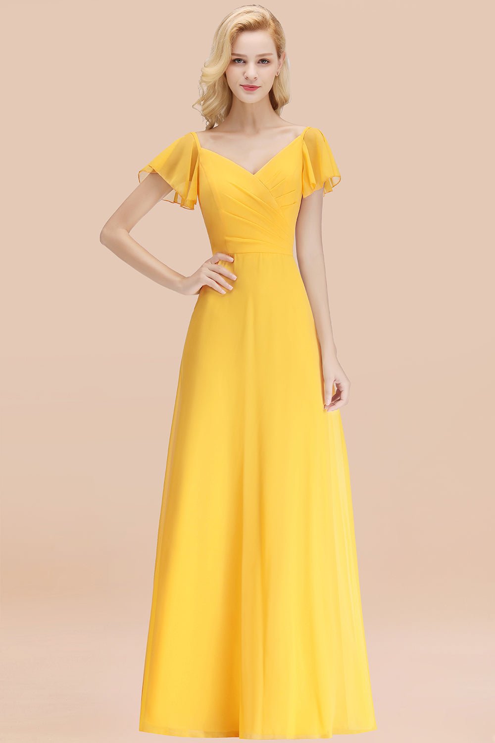 Elegant V Neck Short Sleeves Chiffon A-line Long Chocolate Bridesmaid Dress