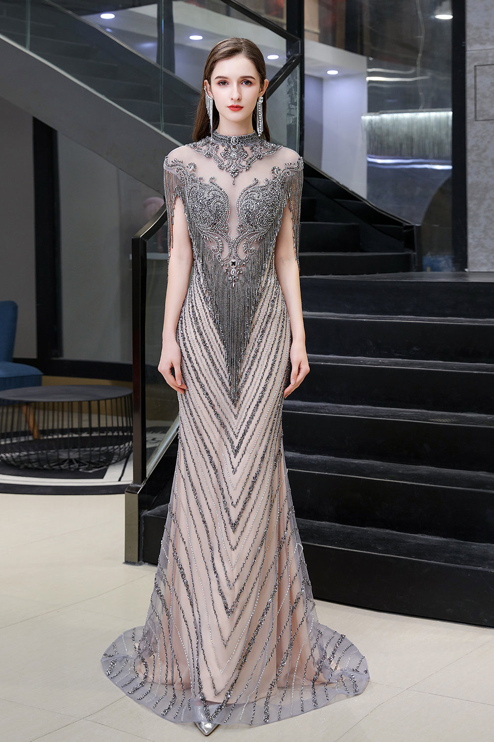 Mermaid High Neck Cap sleeves Sparkle Beads Long Evening Dresses