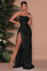 Black Long Mermaid One Shoulder Satin Prom Dress with Slit