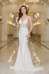 Beautiful White Long Mermaid Lace Appliques V-neck Backless Wedding Dresses