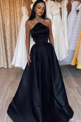 Simple Black Halter A Line Satin Floor Length Prom Dress