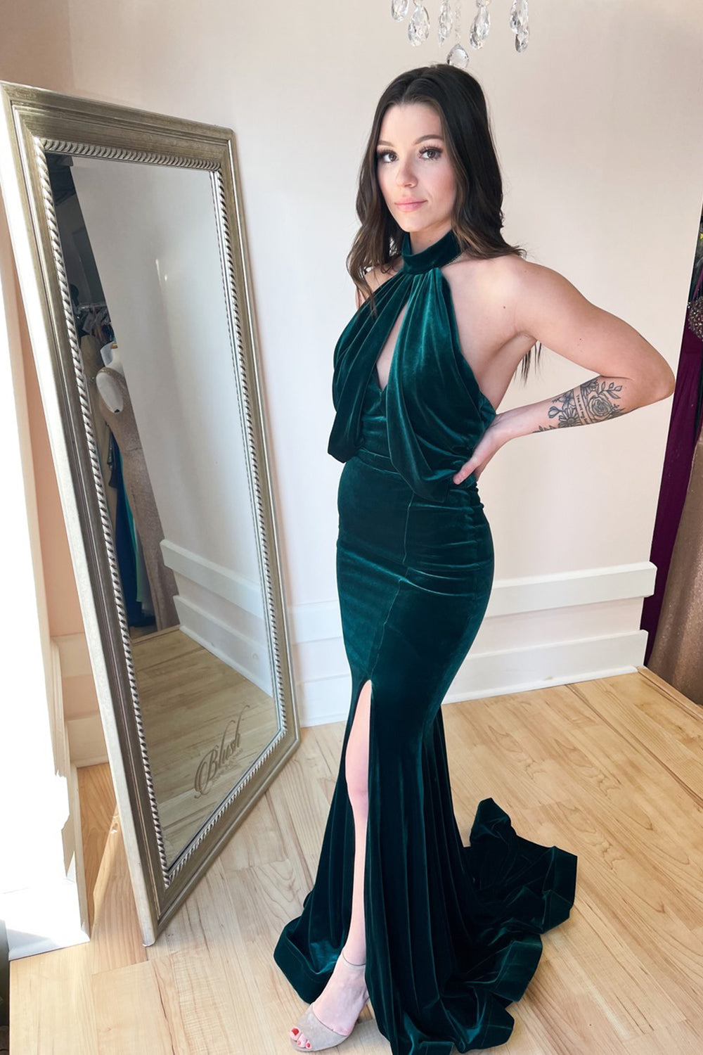 Sexy Halter Keyhole Backless Long Velvet Mermaid Fomral Dress With Split