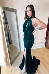 Sexy Halter Keyhole Backless Long Velvet Mermaid Fomral Dress With Split