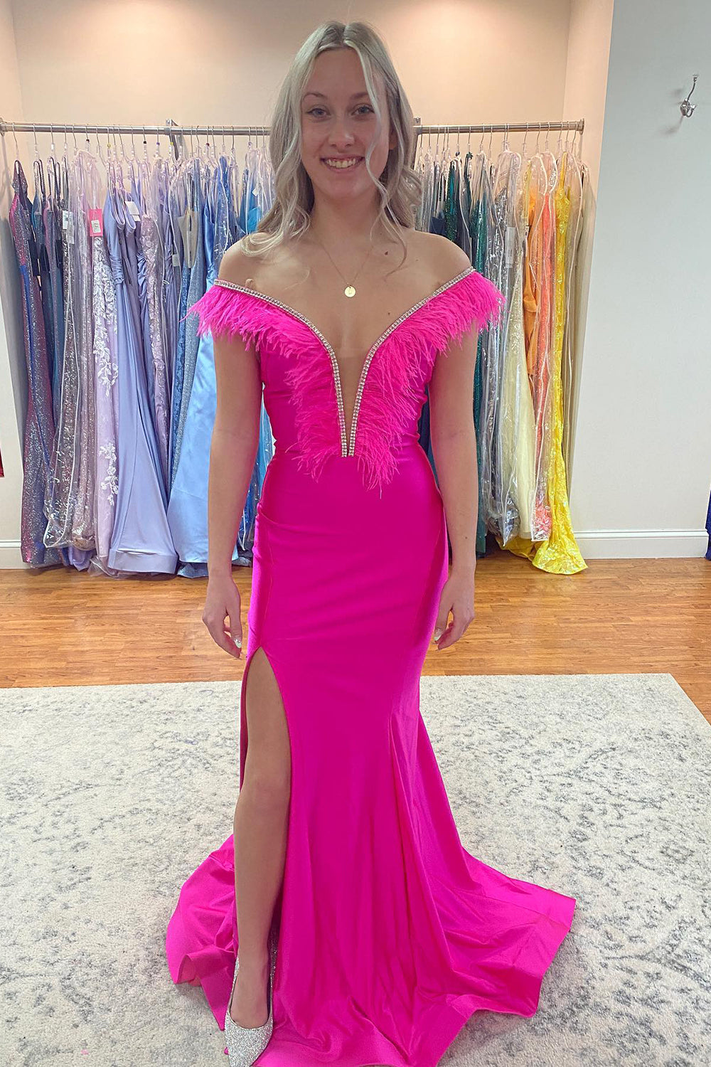 Fuchsia Feather Off the Shoulder Floor Length Mermaid Prom Dress With Slit