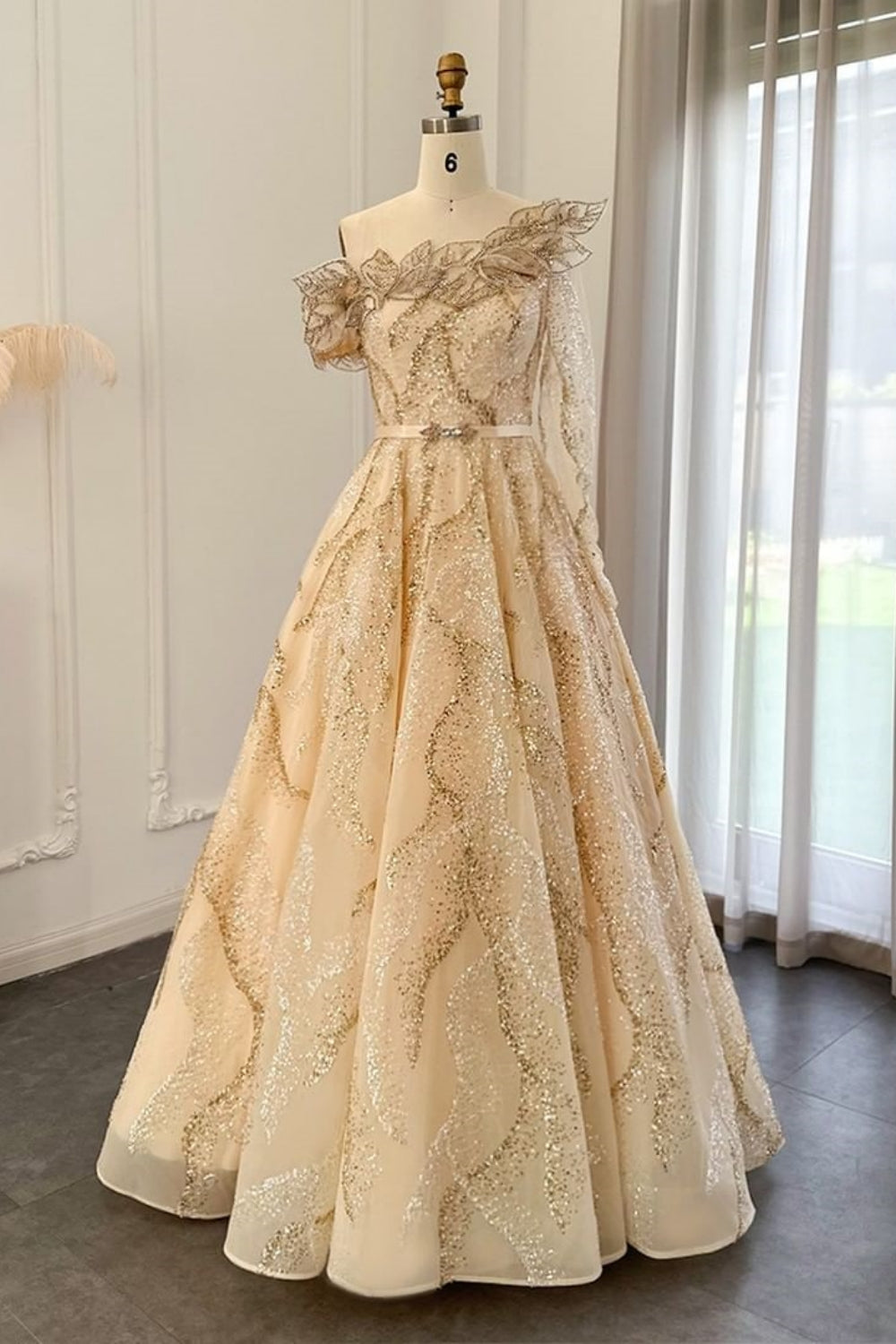 Luxury Long A-line One Shoulder Shiny Sequins Formal Prom Dress with Sash