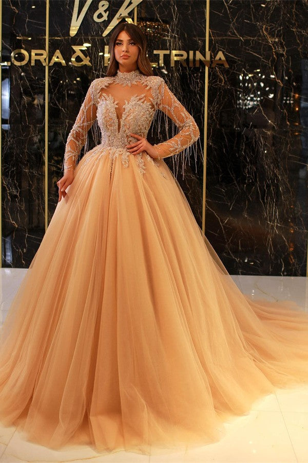 Long Sleeves High Neck Tulle Ball Gown Prom Dress with Ruffles