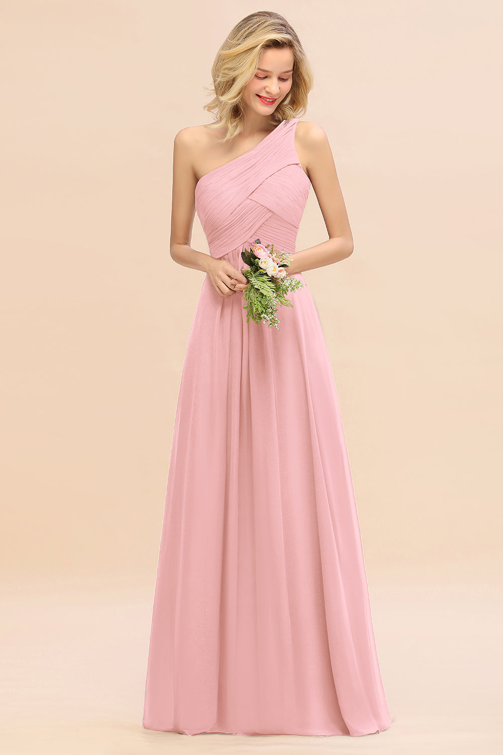 Elegant A-line Chiffon Ruffles One Shoulder Long Bridesmaid Dress