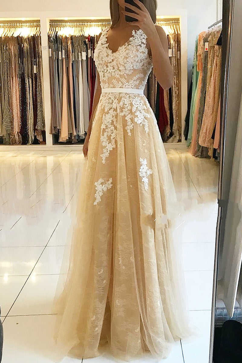 Long V-neck Open Back Lace Floor Length A-Line Ruffles Prom Dress