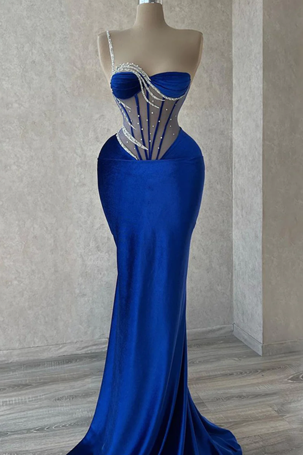 Royal Blue Long Mermaid One Shoulder Satin Beaded Prom Dresses