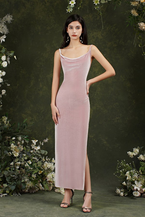 Cute Long Mermaid Straps Velvet Backless Formal Dresses with Slit