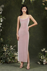 Cute Long Mermaid Straps Velvet Backless Formal Dresses with Slit