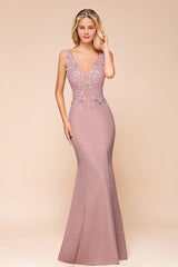 Long Mermaid Lace V-neck Sleeveless Evening Dresses