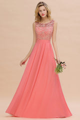 Long Bateau Sleeveless A-Line Ruffles Floor Length Chiffon Bridesmaid Dress