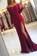 Long Sleeves Lace Off the Shoulder Mermaid Floor Length Prom Dress With Side Slit