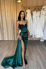 Dark Green Mermaid Sequin Sweetheart Long Prom Dress with Split Side