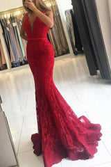 Long V-neck Appliques Lace Floor Length Mermaid Prom Dress