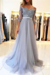 Elegant Off the Shoulder Half Sleeves Appliques Lace Tulle A-Line Prom Dress