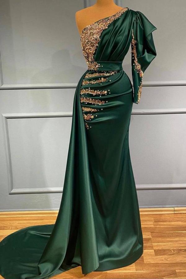 Elegant Long Mermaid One Shoulder Formal Evening Dress with Beaded
