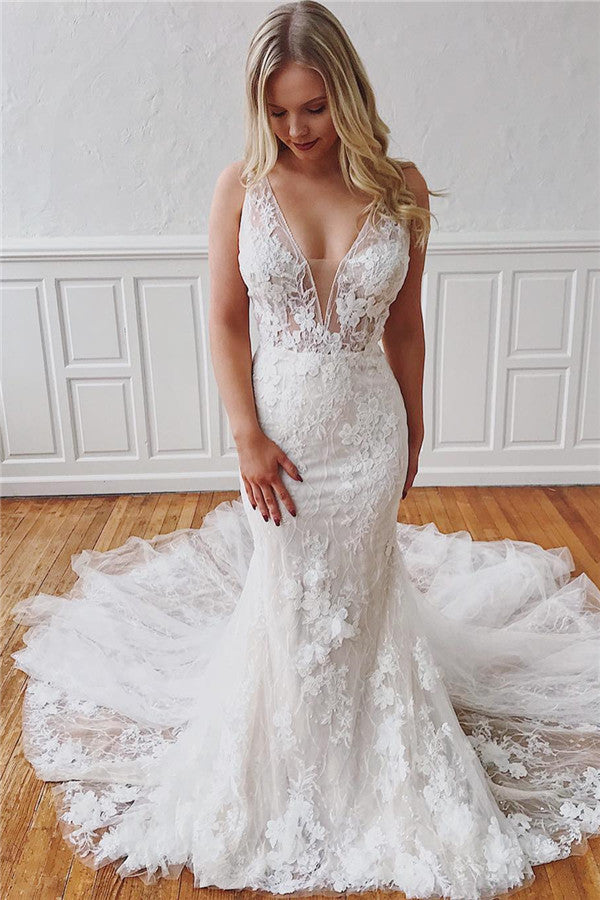 Long Straps V-Neck Lace Mermaid Wedding Dress with Detachable Train