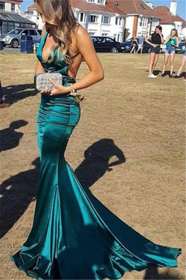 Long V-neck Mermaid Satin Open Back Prom Dress