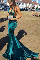 Long V-neck Mermaid Satin Open Back Prom Dress