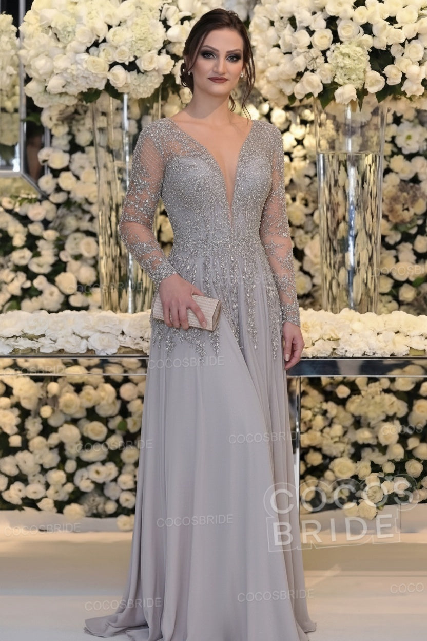 Long Sleeve Floor Length A-line Mother Of Bride Dress With Beading