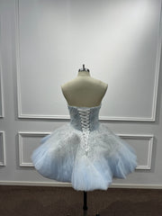 Beautiful Blue Strapless Ball Gown Homecoming Dress with Beaded
