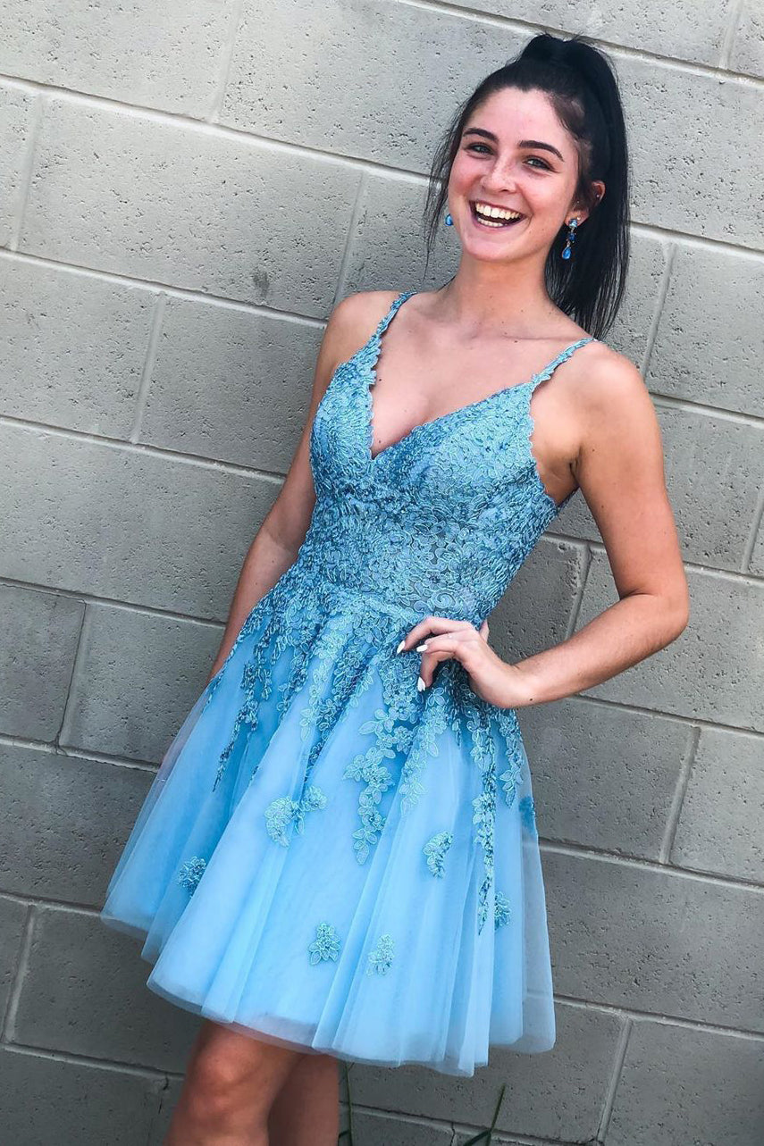 A-line Short Open Back Homecoming Dress with Lace Appliques