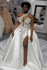 Luxurious Long Mermaid One Shoulder Satin Beading Wedding Dress With Detachable Train