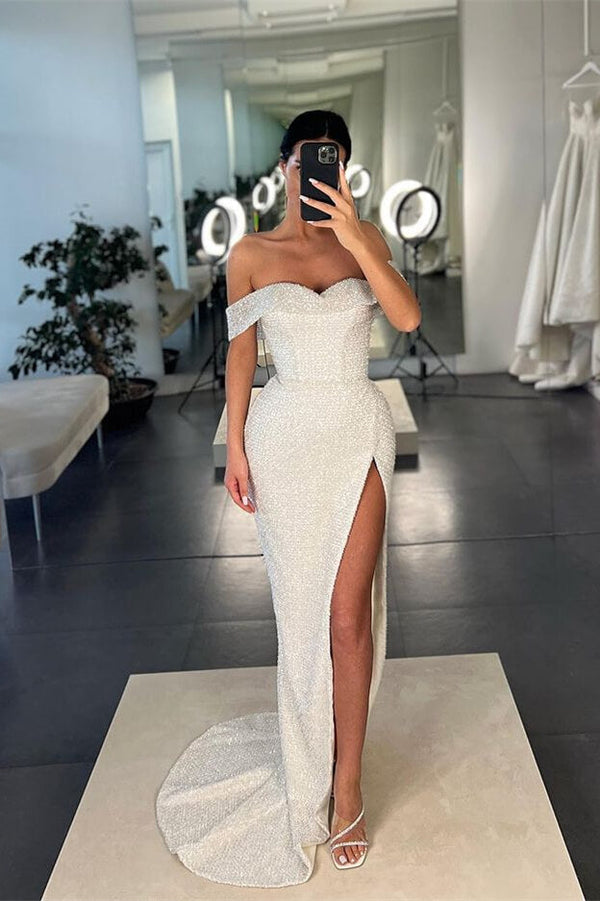 Ivory Long Mermaid Off the Shoulder Sequin Prom Dress with Slit