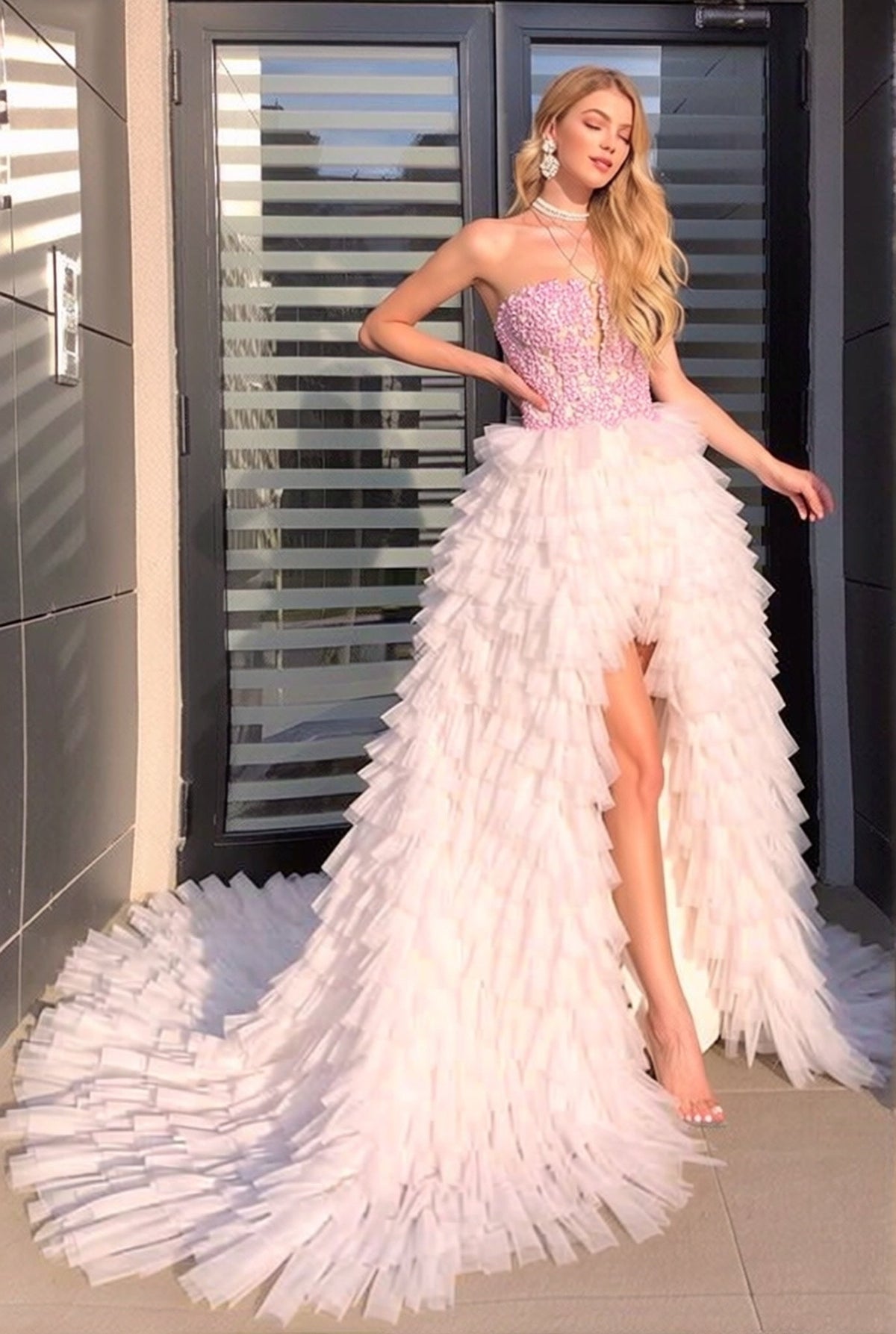 Strapless Sequined Hi-Lo Tulle Prom Dress with Ruffles