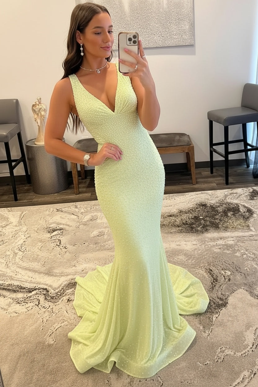 Orange Long Mermaid V neck Sequin Backless Prom Dress