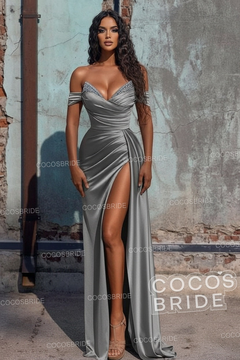 Sexy Long Off the Shoulder Deep V-neck Sequins Ruffles Prom Dress With Slit
