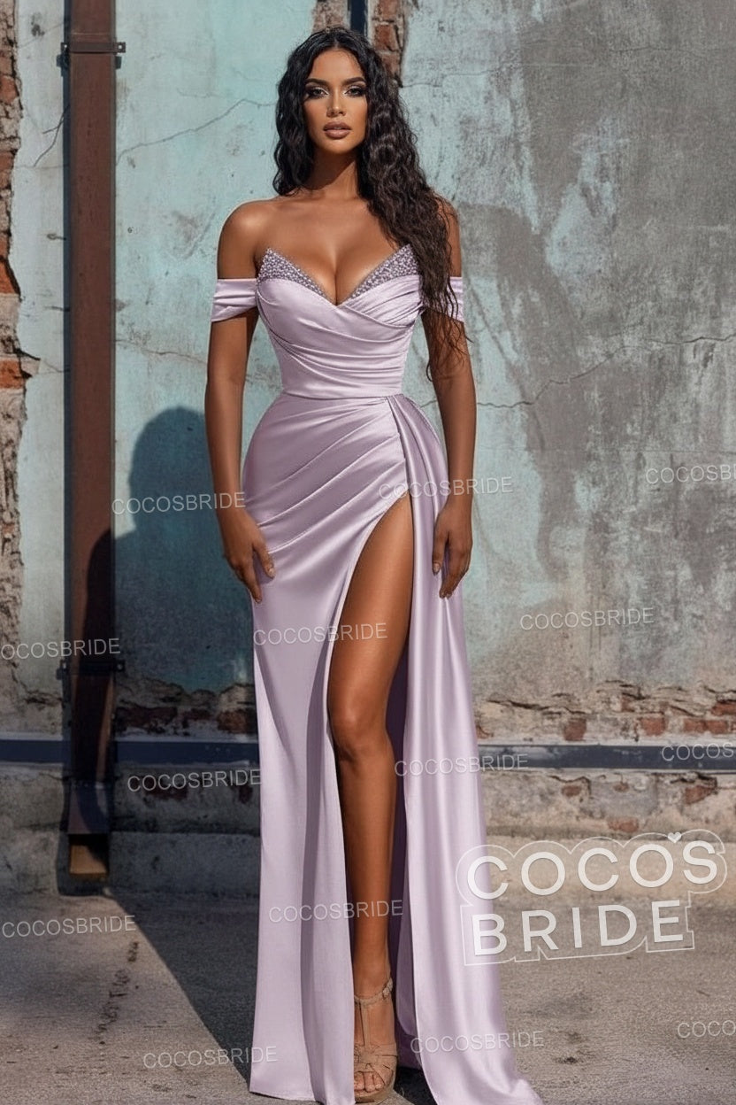Sexy Long Off the Shoulder Deep V-neck Sequins Ruffles Prom Dress With Slit