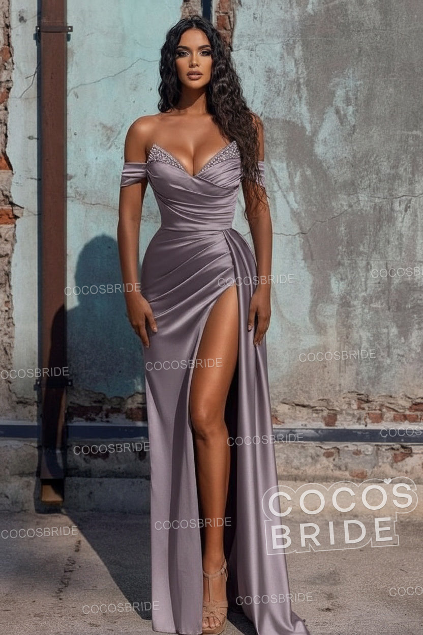 Sexy Long Off the Shoulder Deep V-neck Sequins Ruffles Prom Dress With Slit
