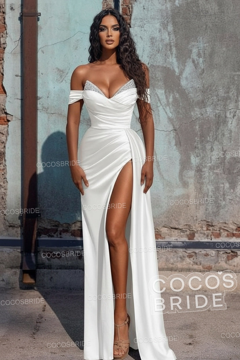 Sexy Long Off the Shoulder Deep V-neck Sequins Ruffles Prom Dress With Slit