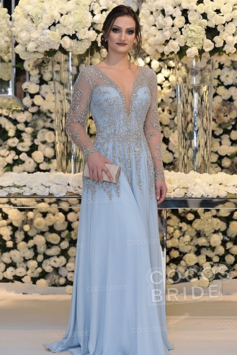 Long Sleeve Floor Length A-line Mother Of Bride Dress With Beading