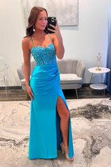 Sweetheart Long Mermaid Lace Satin Backless Prom Dress with Slit