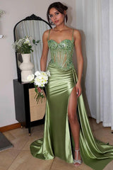 Long Mermaid Sweetheart Spaghetti Strap Satin Lace Prom Dress with Split